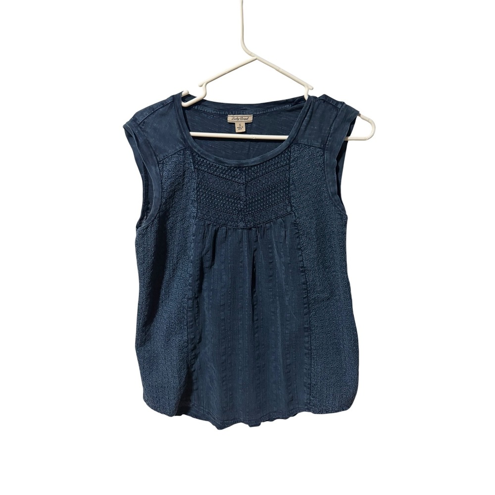 Lucky Brand Size Small Navy Blue Eyelet Lace Embroidered Sleeveless Boho Top